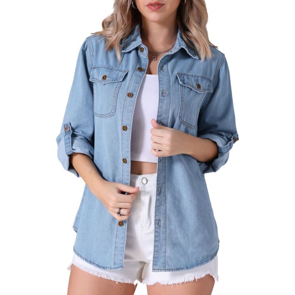Long Sleeve Button Down with Pockets Jean Jacket Light Blue